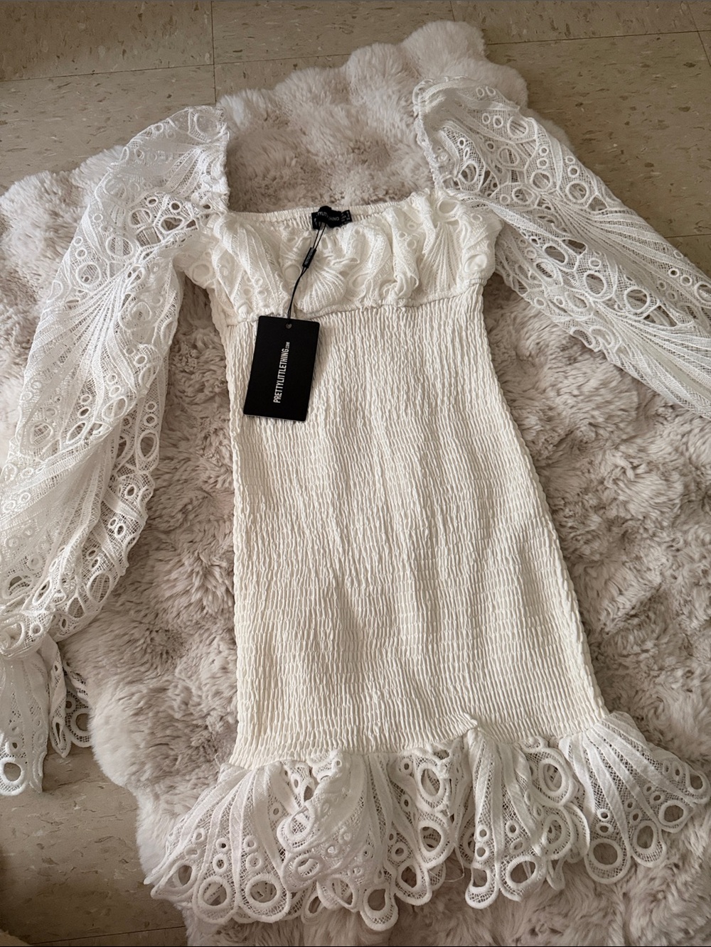 PrettyLittleThing White Long Sleeve Lace Trim Midi Dress